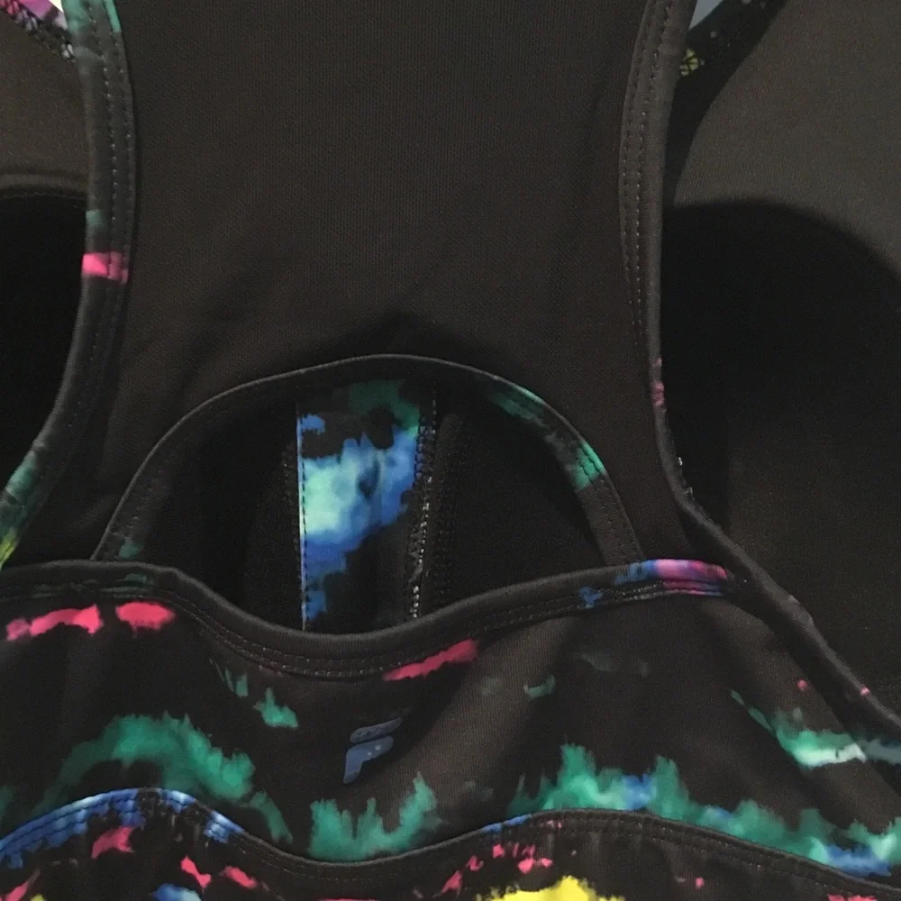 Fila Black Sports Bra with Neon Pink, Blue & Yellow Tie-Dye - Picture 4 of 5